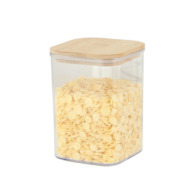 Cutie de Depozitare Alimente, Vivimall, Cutie de tip Container, Cutie pentru Cereale, din Plastic, Capac din Bambuc, 10 x 10 x 14 cm, Volum 0.8 L, Transparent - vivimall.ro