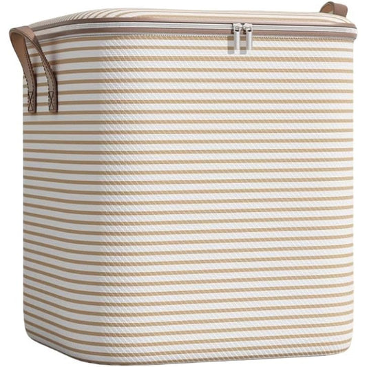 Cutie de Depozitare cu Fermoar, Vivimall, Pliabila, Maner Ranforsat, Fermoar Rezistent, pentru Haine, Paturi, Plapume, Perne, Lenjerii de Pat, Jucarii, 50x40x50 cm, 100 Litri, in Dungi, Bej - vivimall.ro