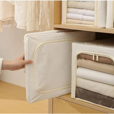 Cutie de Depozitare, Vivimall, 56L, din In si Bumbac, Pliabila, Cadru din Otel, 53 x 35 x 30 cm, Kaki - vivimall.ro