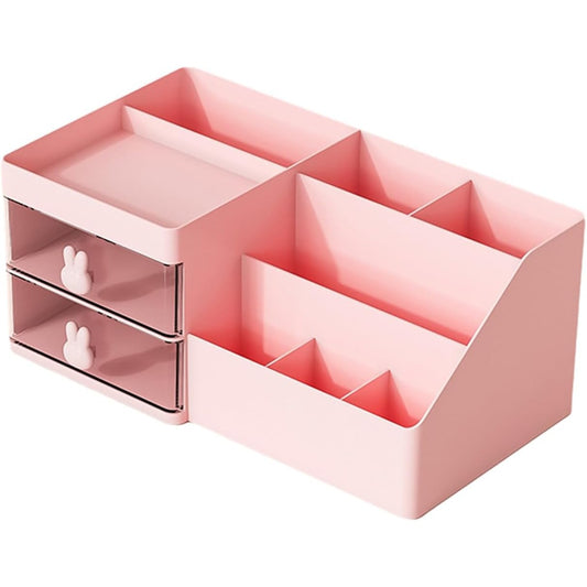 Cutie de Depozitare pentru Birou, Vivimall, Pentru Makeup, Papetarie, Organizator Cosmetice, 2 Sertare si Compartimente Multiple, Model Iepuras, Plastic, 27.5x15.5x12 cm, Roz - vivimall.ro