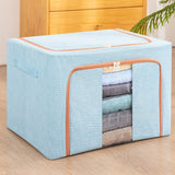 Cutie de Depozitare Pliabila, Vivimall, 100 L, din Bumbac si In, 60x42x40 cm, 2 Ferestre, Frontala si Laterala, 2 Usi de Acces cu Fermoar Bidirectional, Cadru Metalic, Suport Baza Stabil din Plastic, Bleu - vivimall.ro