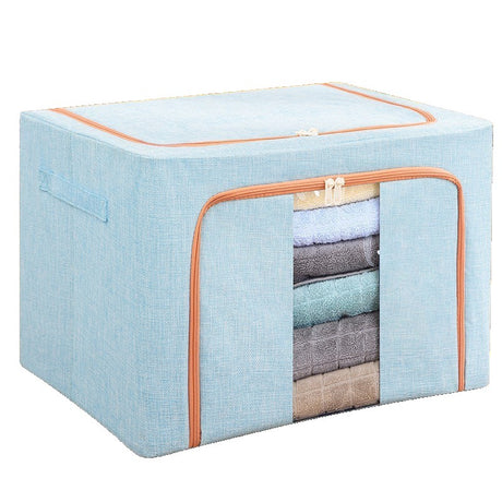 Cutie de Depozitare Pliabila, Vivimall, 100 L, din Bumbac si In, 60x42x40 cm, 2 Ferestre, Frontala si Laterala, 2 Usi de Acces cu Fermoar Bidirectional, Cadru Metalic, Suport Baza Stabil din Plastic, Bleu - vivimall.ro