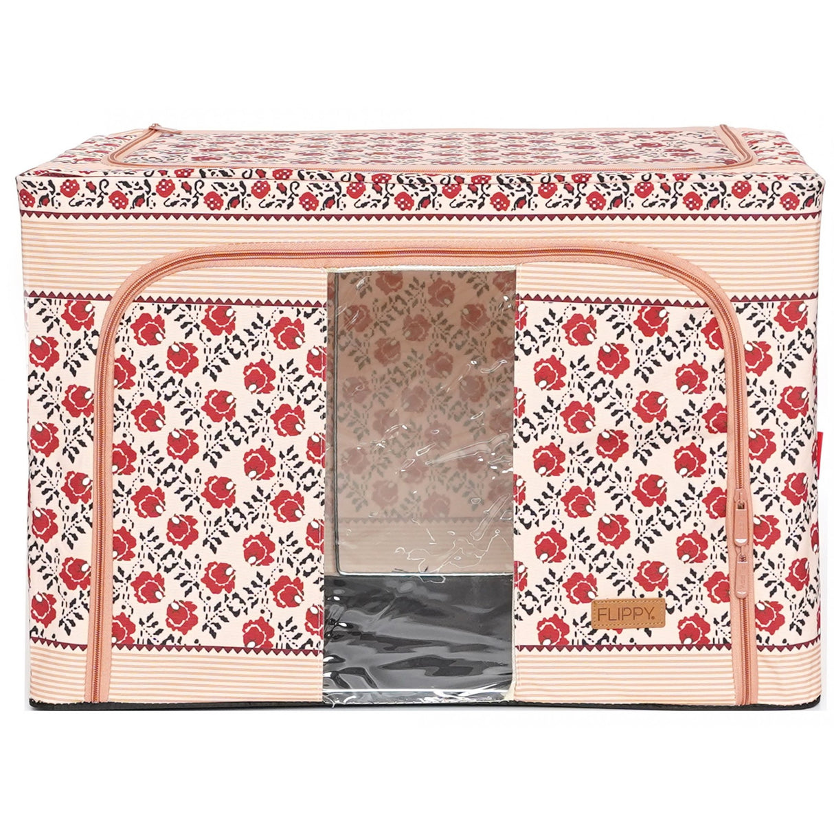 Cutie De Depozitare Pliabila,100 L Din Bumbac Si In, Fereastra Frontala, 2 Usi De Acces Cu Fermoar Bidirectional, Cadru Metalic, Suport Baza Stabil Din Plastic, Motiv Traditional - vivimall.ro