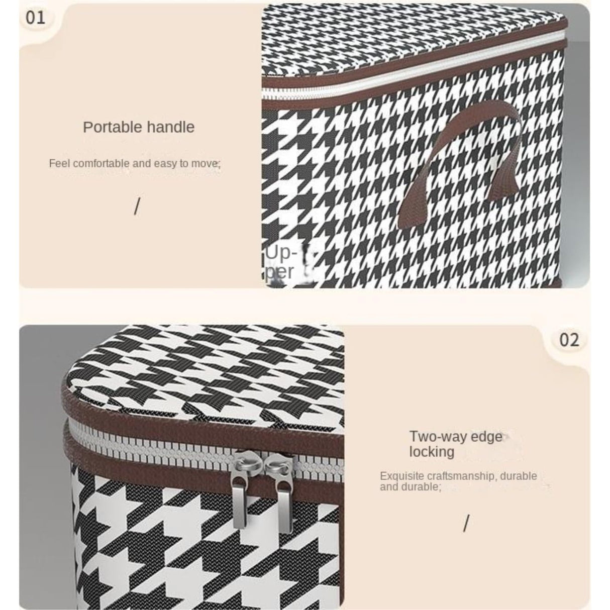 Cutie de Depozitare Pliabila,  55x35x25 cm, 50 L, Fereastra Frontala, cu Fermoar Bidirectional, Suport Baza Stabil, Imprimeu in Carouri, Alb/Negru - vivimall.ro