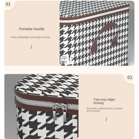 Cutie de Depozitare Pliabila, Flippy, 60x40x30 cm, 75 L, Fereastra Frontala, cu Fermoar Bidirectional, Suport Baza Stabil, Imprimeu in Carouri, Alb/Negru