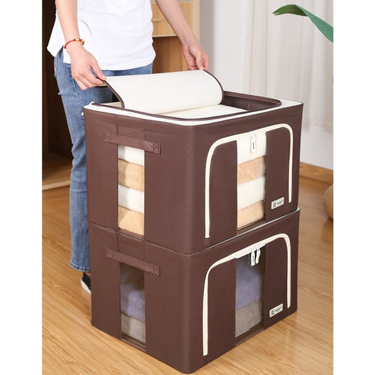 Cutie de Depozitare Pliabila, Vivimall, Cu Fereastra si Fermoar Dublu, 66 L, Textil Premium, 50x40x33 cm, Cadru Metalic, Impermeabila, Maro - vivimall.ro