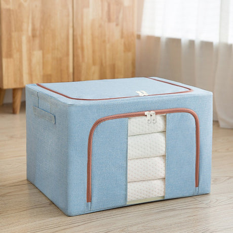 Összecsukható tárolódoboz, cipzárral, 100 l, textil, fémkeret, stabil műanyag talp, kék