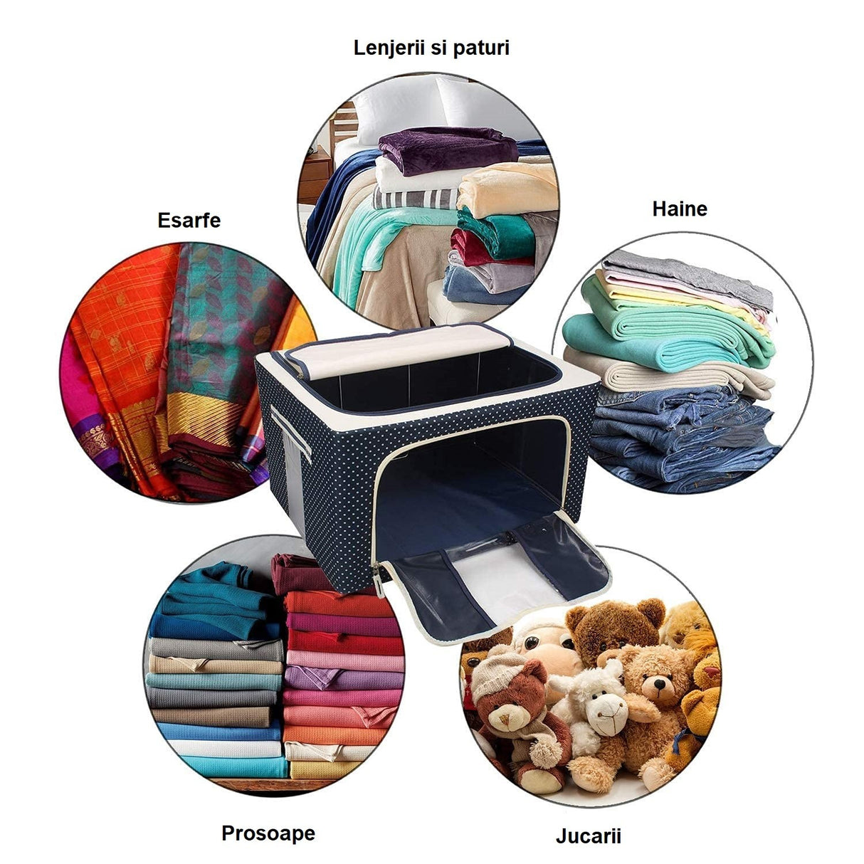 Cutie de Depozitare Pliabila, Vivimall, Cu Fermoar, 100 L, Textil, 60x42x40 cm, Albastru Marin, Cadru Metalic, Suport Baza Stabil din Plastic, Imprimeu buline - vivimall.ro