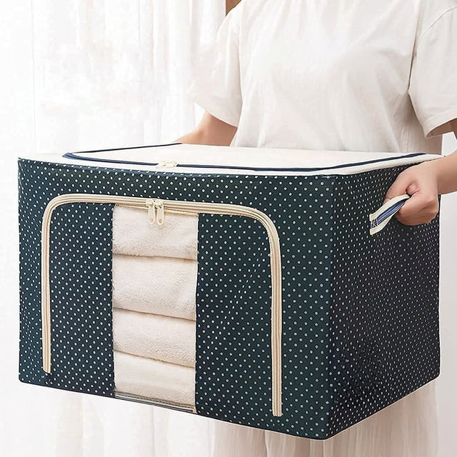 Cutie de Depozitare Pliabila, Vivimall, Cu Fermoar, 100 L, Textil, 60x42x40 cm, Albastru Marin, Cadru Metalic, Suport Baza Stabil din Plastic, Imprimeu buline - vivimall.ro