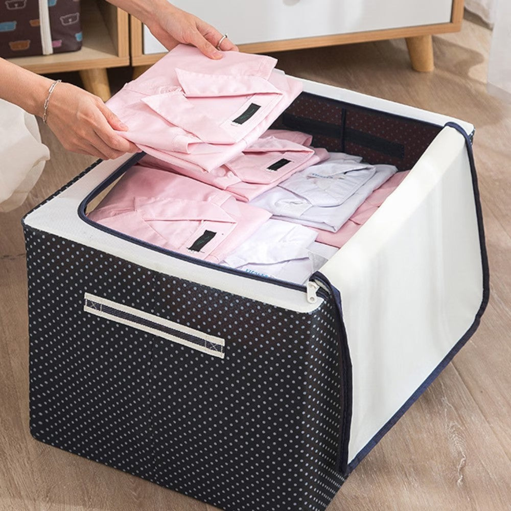 Cutie de Depozitare Pliabila, Vivimall, Cu Fermoar, 66 L, Textil, 50 x 40 x 33 cm, Cadru Metalic, Suport Baza Stabil din Plastic, Imprimeu Buline, Albastru Marin - vivimall.ro