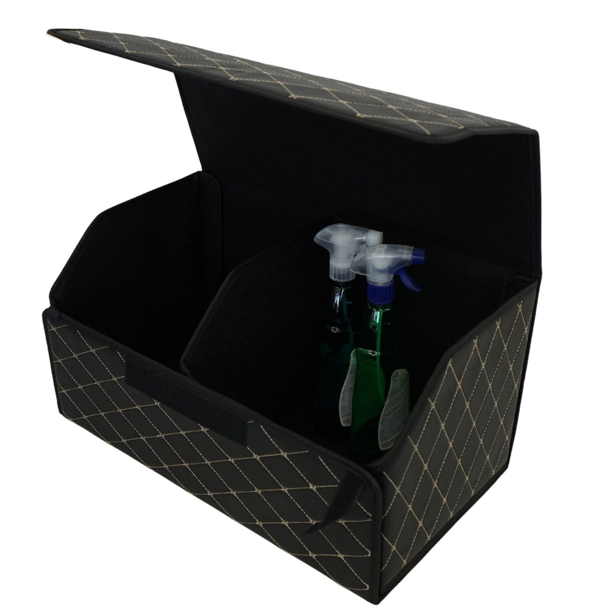Cutie de Depozitare Auto, Flippy, Organizator Premium Portbagaj, Geanta Multifunctionala, Piele Ecologica, Pliabil  si Rezistent la Uzura, 2 Compartimente Depozitare, Pliabil  si Rezistent la Uzura, Negru/Alb, 55 x 30 x 30cm - vivimall.ro