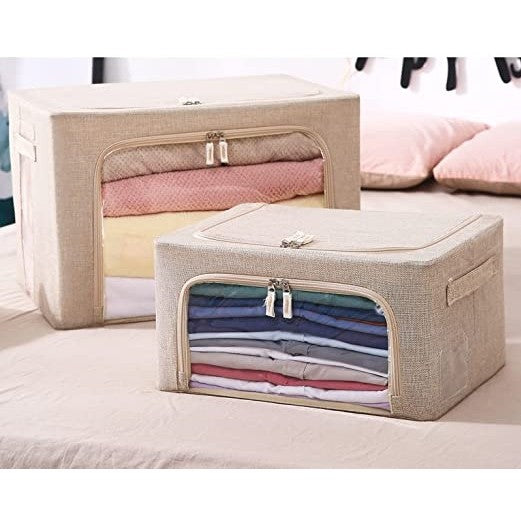 Összecsukható tárolódoboz, cipzárral, 66 L, textil, fém váz, stabil műanyag talp, krémszínű