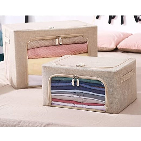 Összecsukható tárolódoboz, cipzárral, 66 L, textil, fém váz, stabil műanyag talp, krémszínű