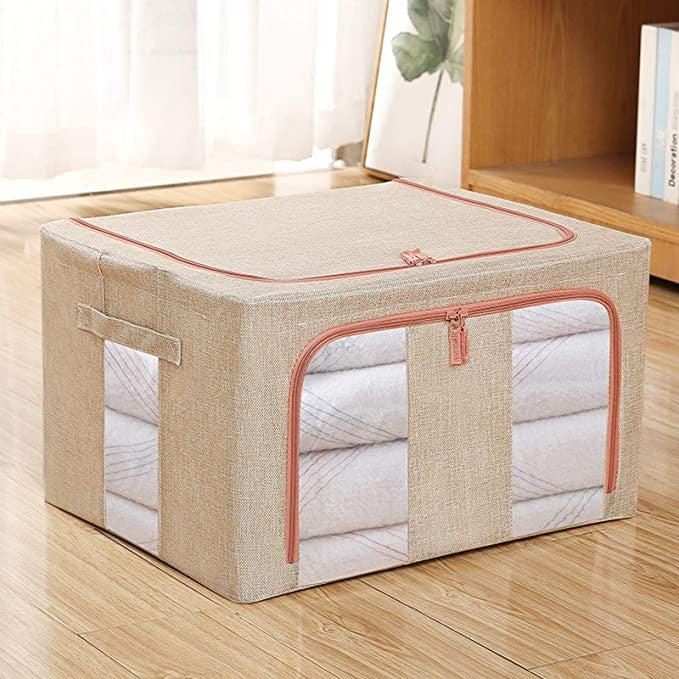 Összecsukható tárolódoboz, cipzárral, 66 L, textil, fém váz, stabil műanyag talp, krémszínű
