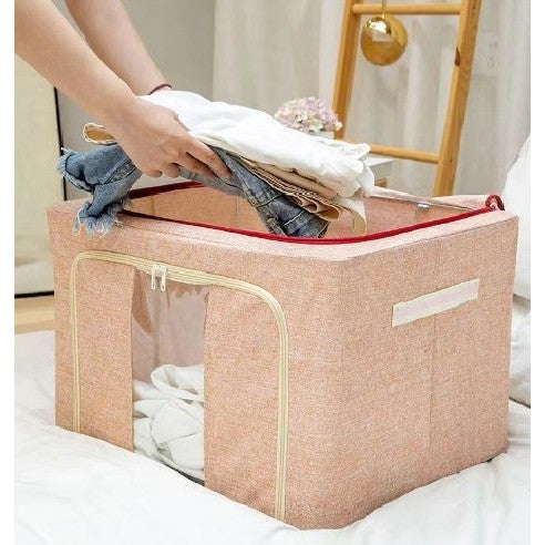 Összecsukható tárolódoboz, cipzárral, 66 L, textil, fém váz, stabil műanyag talp, krémszínű