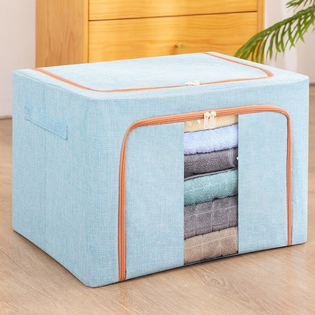 Cutie de Depozitare Pliabila, Vivimall, 66 L, din Bumbac si In, 50x40x33 cm, Fereastra Frontala, 2 Usi de Acces cu Fermoar Bidirectional, Cadru Metalic, Suport Baza Stabil din Plastic, Bleu - vivimall.ro