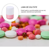 Cutie Pastile Multifunctionala, Vivimall, 4 in 1, Pahar Apa, Taiere, Sfaramare, Depozitare, Compact, ABS cu Lama din Inox, Alb/Roz, 8.7x6.2x4.1 cm - vivimall.ro