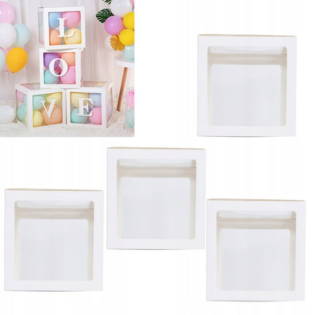 Set 4 Cutii pentru Baloane, Vivimall, Model Simplu, Tematica Aniversare, Cuburi Decorative din Plastic, Accesorii pentru Petrecere, 30 x30 cm, Transparente Contur Alb - vivimall.ro