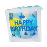 Cutie pentru Baloane, Vivimall, Tematica Aniversare, Model Scris Happy Birthday, Baloane Albastre, Albe, Galbene si Panglica Incluse, Contur Alb, Transparenta, 30x30 cm - vivimall.ro