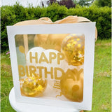 Cutie pentru Baloane, Vivimall, Tematica Aniversare, Model Scris Happy Birthday, Baloane Aurii, Albe si Panglica Incluse, Contur Alb, Transparenta, 30x30 cm - vivimall.ro