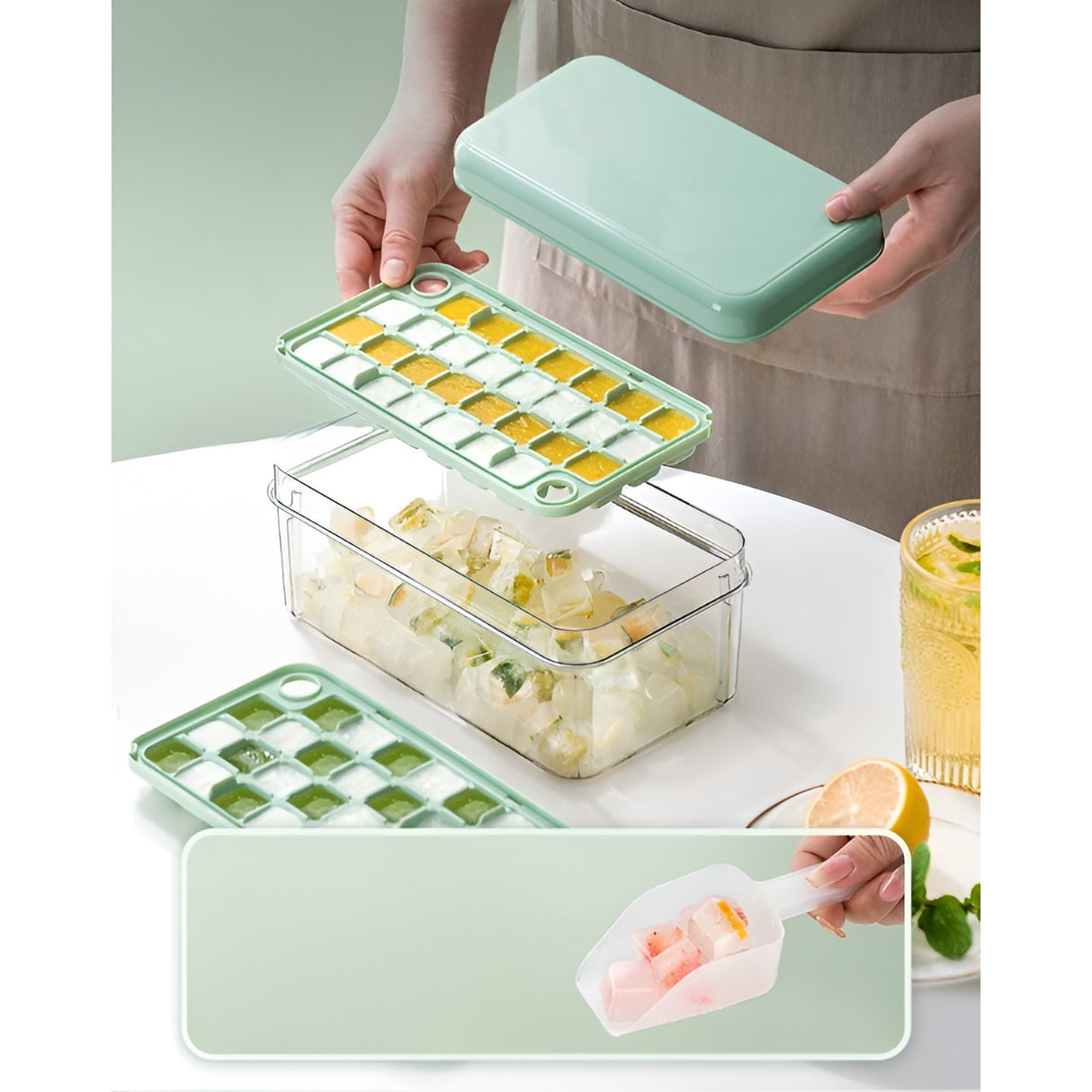 Set Cutie pentru Gheata, Vivimall, Uz Casnic, 1 Tavita pentru Cuburi, Capac Etans, Lopata, 23.5x13.3x10 cm, Verde - vivimall.ro