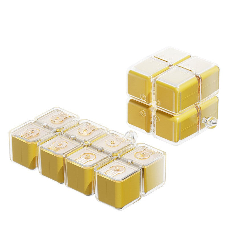 Dozator portabil pastile Flippy Rubik Cube galben cu curea de agățare, detaliu compartimente și accesorii incluse