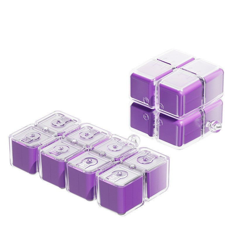Detaliu compartimente organizator medicamente Flippy Rubik Cube mov, dimensiuni 7.3x6x6 cm, design multicolor
