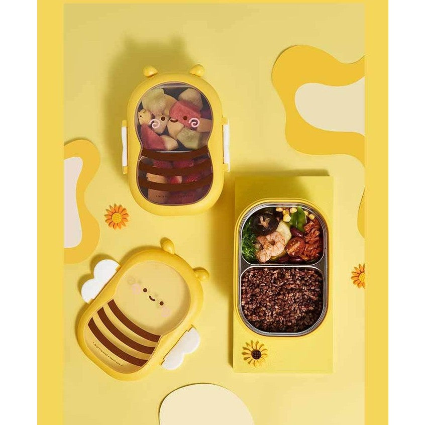 Cutie pentru Pranz, Vivimall, din PP si Otel Inoxidabil, Model Albina, 2 Compartimente, 301-500 ml, Galben - vivimall.ro