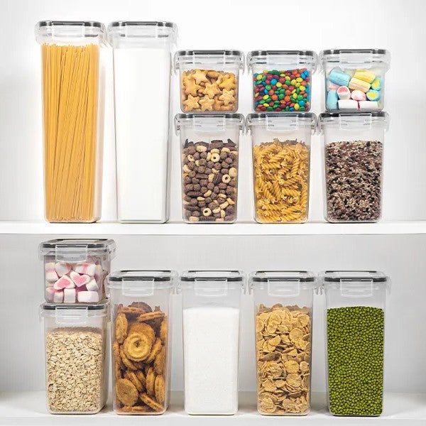 Cutii de depozitare alimente, Vivimall, Set din 14 Cutii pentru Condimente, Cereale, Cutii pentru Bucatarie, din Plastic PP, Cutii Alimentare, Diferite Dimensiuni, Transparente - vivimall.ro