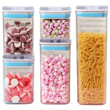 Cutii de Depozitare Alimente, Vivimall, Set din 5 Cutii de tip Container, 1x0.5 l, 2x0.8 l, 1x1.2 l, 1x1.9 l, Recipiente pentru Cereale in Bucatarie,  Transparente cu Capac Albastru-Alb - vivimall.ro