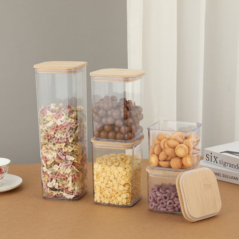 Cutii de Depozitare Alimente, Vivimall, Set din 5 Cutii de tip Container, Cutii pentru Cereale, din Plastic, Capac din Bambuc, 1pc 0.5 l. 2pc 0.8 l, 2pc 1.2 l, 1pc 1.9 l,  Transparente - vivimall.ro