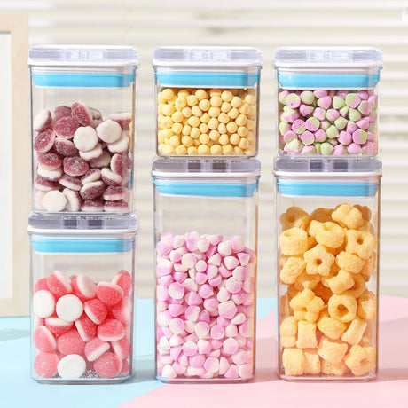 Cutii de Depozitare Alimente, Vivimall, Set din 6 Cutii de tip Container, 2x0.5 l, 2x0.8 l, 2x1.2 l, Recipiente pentru Cereale in Bucatarie,  Transparente cu Capac Albastru-Alb - vivimall.ro