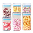 Cutii de Depozitare Alimente, Vivimall, Set din 6 Cutii de tip Container, 2x0.5 l, 2x0.8 l, 2x1.2 l, Recipiente pentru Cereale in Bucatarie,  Transparente cu Capac Albastru-Alb - vivimall.ro