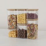 Cutii de Depozitare Alimente, Vivimall, Set din 6 Cutii de tip Container, Cutii pentru Cereale, din Plastic, Capac din Bambuc, 2pc 0.5 l. 2pc 0.8 l, 2pc 1.2 l, Transparente - vivimall.ro