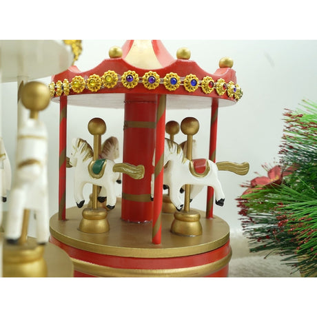 Cutiuta muzicala decorata de Craciun, Carusel rotativ, Rosu, din Lemn, Interior, Vivimall - vivimall.ro