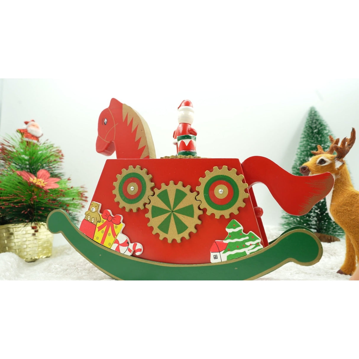 Cutiuta muzicala decorata de Craciun, Ponei, Rosu, din Lemn, 18 cm x 25 cm, Interior, Vivimall - vivimall.ro