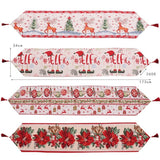 Traversa de Masa pentru Craciun, Vivimall, Napron, din Material Tricotat cu Tesatura Groasa, Model Globuri, Reni si Cadouri, cu Colt si Ciucure, 173x34x0.2 cm, Alb/ Rosu - vivimall.ro