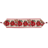 Traversa de Masa pentru Craciun, Vivimall, Napron, din Material Tricotat cu Tesatura Groasa, Model Flori Rosii, cu Colt si Ciucure, 173x34x0.2 cm, Alb/ Rosu - vivimall.ro