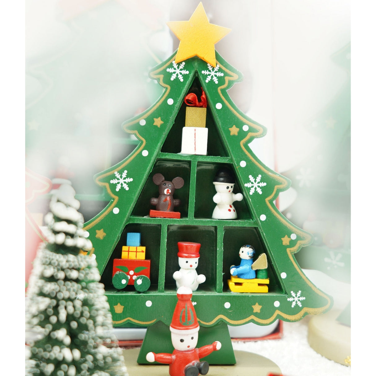 Decoratiune Craciun, Brad, Verde, 3 randuri cu ornamente, 12 cm x 18 cm, Lemn, Vivimall - vivimall.ro