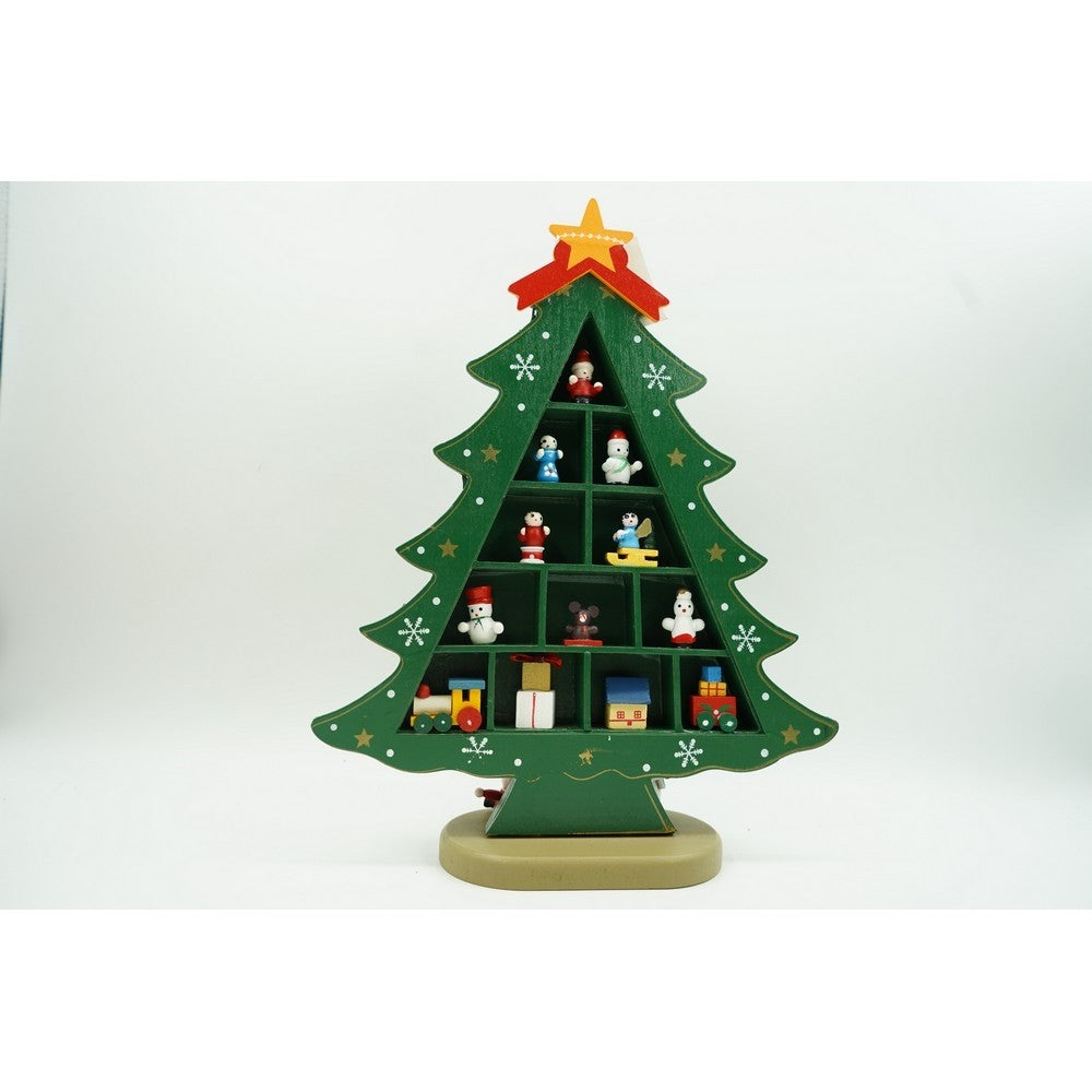 Decoratiune Craciun, Brad, Verde, 5 cavitati cu ornamente, 22 cm x 29 cm, Lemn, Vivimall - vivimall.ro