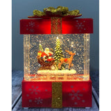 Decoratiune Craciun, Tip Cutie de Cadou, Figurine Mos Craciun cu Sania, 3 Moduri, Functie Muzicala, Zapada in Miscare, Functioneaza Cu Baterii ( 3 x AA neincluse), Cablu USB (Inclus), Model Cadou Rosu - Auriu, 13 x 9 x 19.8 cm, Alb Cald - vivimall.ro