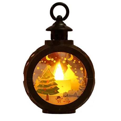 Decoratiune Craciun tip Felinare cu baterii, 13.5 x 9 cm,Lumanare cu geam si inscriptie Brad Craciun,lumina alb cald,baterii incluse,Negru - vivimall.ro