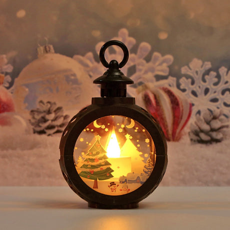 Decoratiune Craciun tip Felinare cu baterii, 13.5 x 9 cm,Lumanare cu geam si inscriptie Brad Craciun,lumina alb cald,baterii incluse,Negru - vivimall.ro