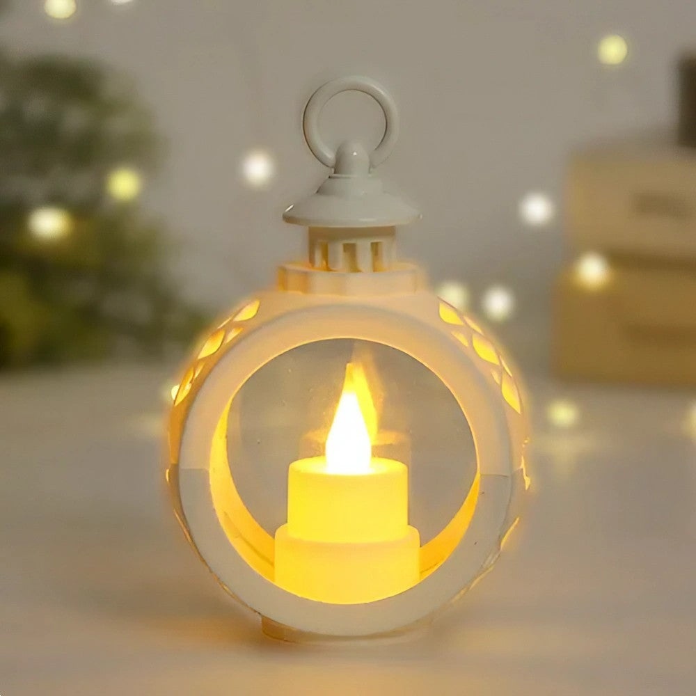 Decoratiune Craciun tip Felinare cu baterii, 13.5 x 9 cm,Lumanare cu lumina alb cald fara geam,baterii incluse,Alb - vivimall.ro