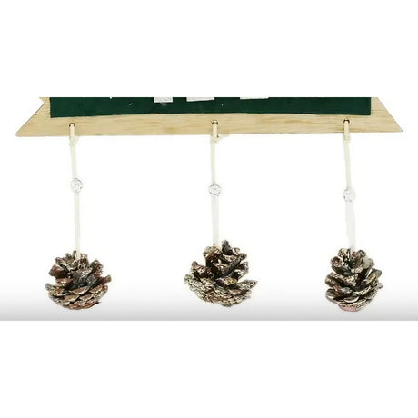 Decoratiune Craciun din Lemn, Vivimall, Model Scris Xmas, Conuri Atarnate, cu Inimioara 25x9 cm, pentru Brad sau Usa, Verde/Argintiu - vivimall.ro