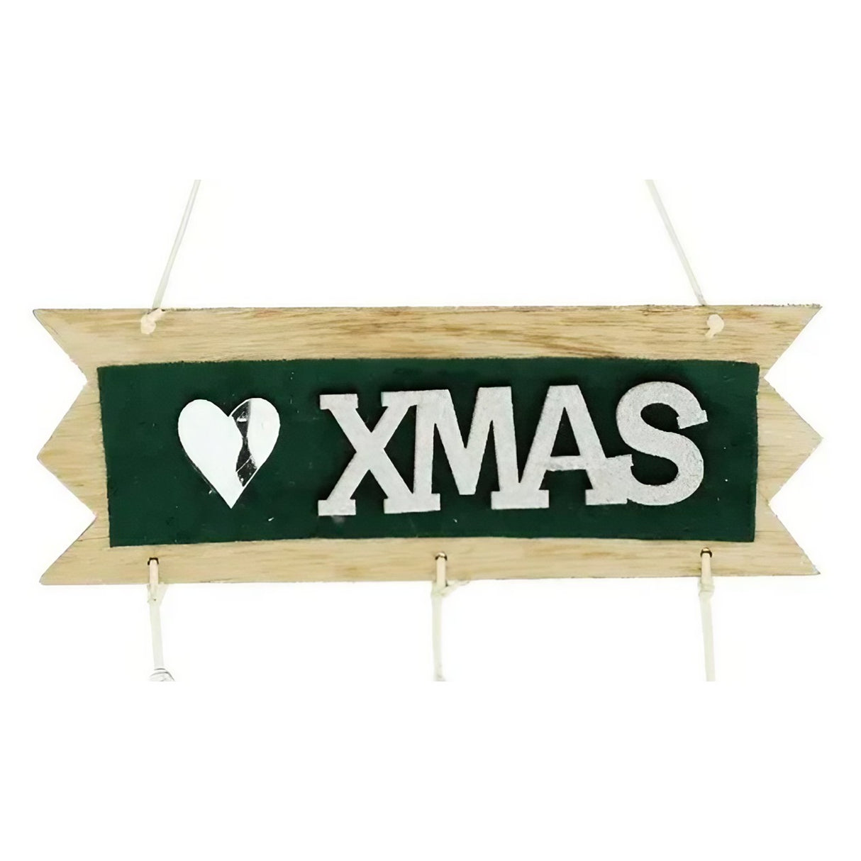 Decoratiune Craciun din Lemn, Vivimall, Model Scris Xmas, Conuri Atarnate, cu Inimioara 25x9 cm, pentru Brad sau Usa, Verde/Argintiu - vivimall.ro