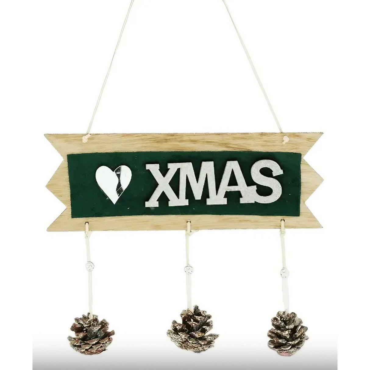 Decoratiune Craciun din Lemn, Vivimall, Model Scris Xmas, Conuri Atarnate, cu Inimioara 25x9 cm, pentru Brad sau Usa, Verde/Argintiu - vivimall.ro