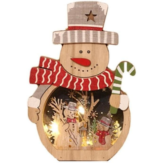 Decoratiune de Craciun, Flippy, cu Lumini LED, din Lemn, 16 x 10.5 x 3.5 cm, Model Om de Zapada, Multicolor - vivimall.ro