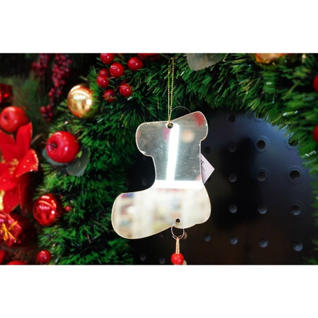 Decoratiune de Craciun, Vivimall, pentru Brad, Model Cizma de Mos cu Clopotel, Lucios, Argintiu - vivimall.ro