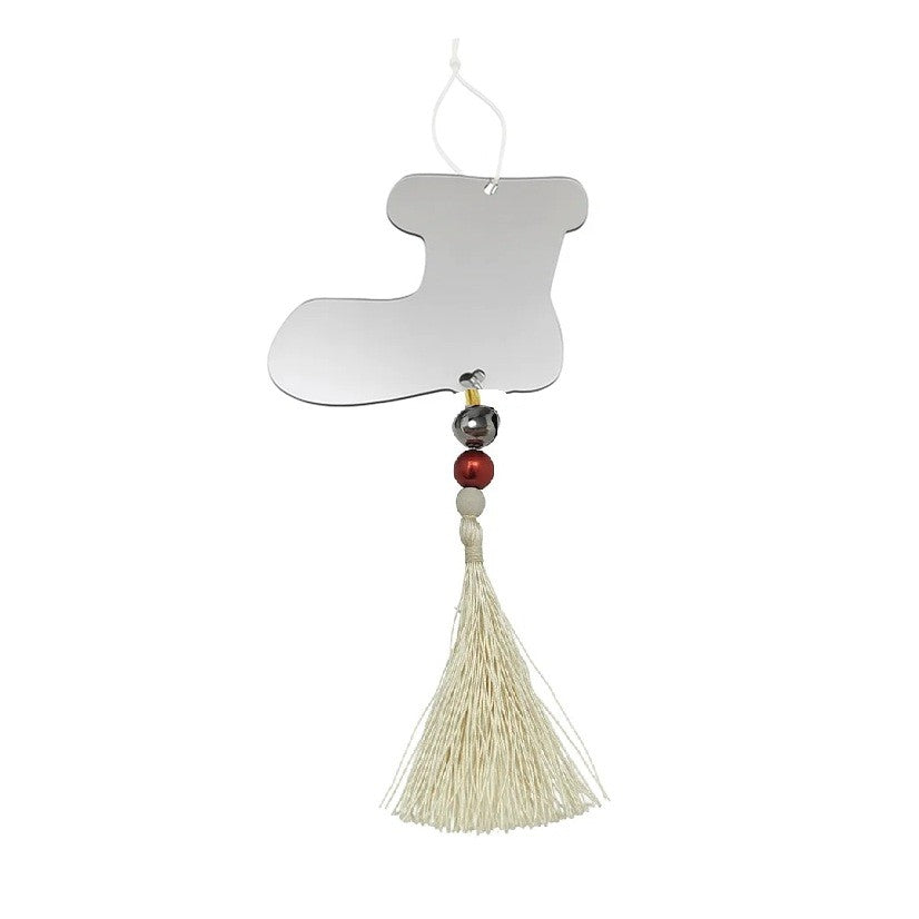 Decoratiune de Craciun, Vivimall, pentru Brad, Model Cizma de Mos cu Clopotel, Lucios, Argintiu - vivimall.ro